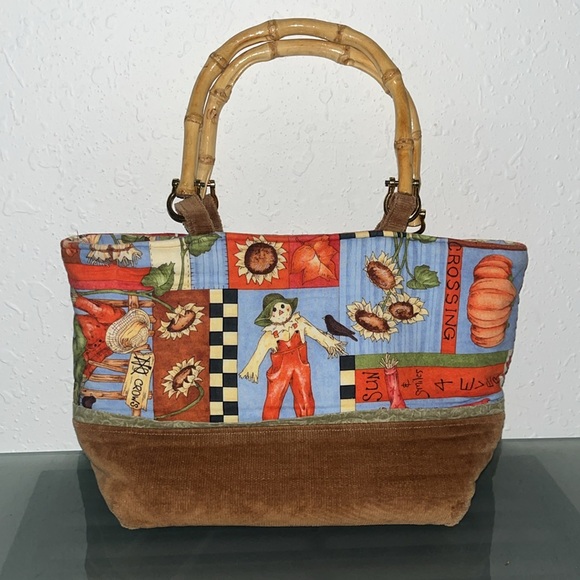 Handmade Fall Harvest corduroy bottom handbag pumpkins scarecrow garden girl - Picture 4 of 8